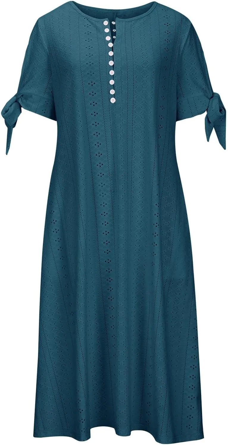 Women's Summer Eyelet Midi Dress Button V Neck Short Sleeve Dresses Solid Flowy Floral Boho Beach Long Sundress