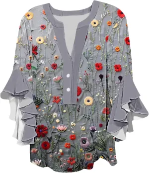 Womens Summer Floral Blouse Dressy Casual Ruffle 3/4 Sleeve Tops Trendy Button V Neck Boho Shirts Business Work Tunic