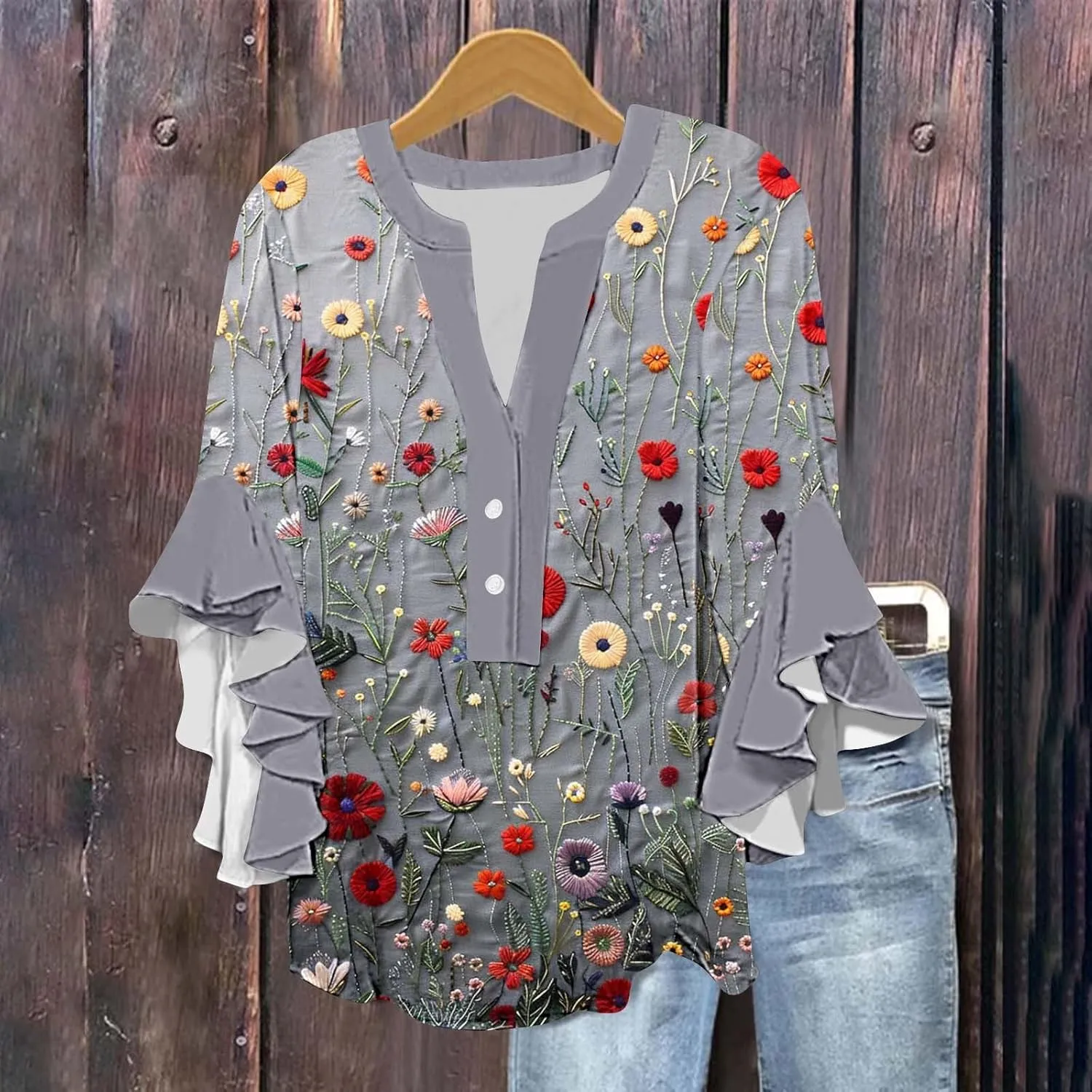 Womens Summer Floral Blouse Dressy Casual Ruffle 3/4 Sleeve Tops Trendy Button V Neck Boho Shirts Business Work Tunic