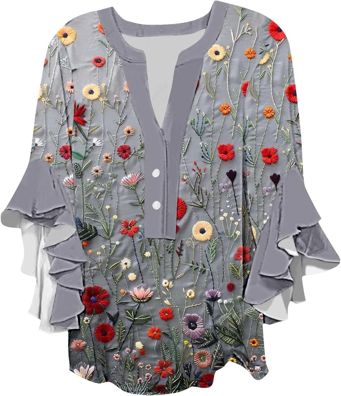Womens Summer Floral Blouse Dressy Casual Ruffle 3/4 Sleeve Tops Trendy Button V Neck Boho Shirts Business Work Tunic