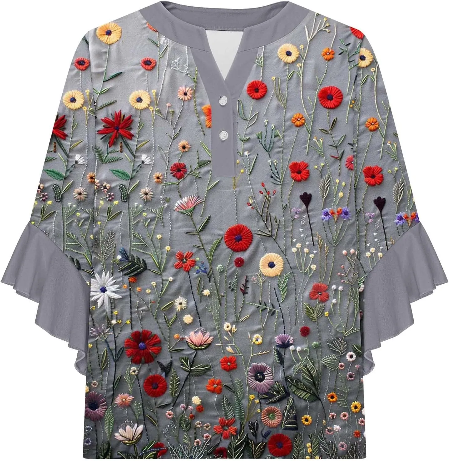 Womens Summer Floral Blouse Dressy Casual Ruffle 3/4 Sleeve Tops Trendy Button V Neck Boho Shirts Business Work Tunic