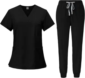 Women's V-Neck Stretch Fit Scrub Top & Jogger Scrubs Pants Multi Pocket Medical Nurse Uniforms Set