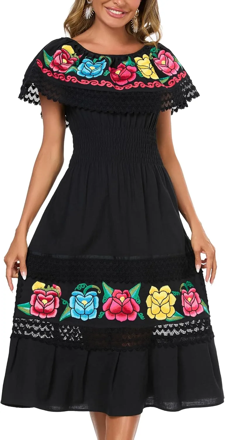 YZXDORWJ Women Embroidered Mexican Present Casual Sexy Lace Off-Shoulder Long Dress