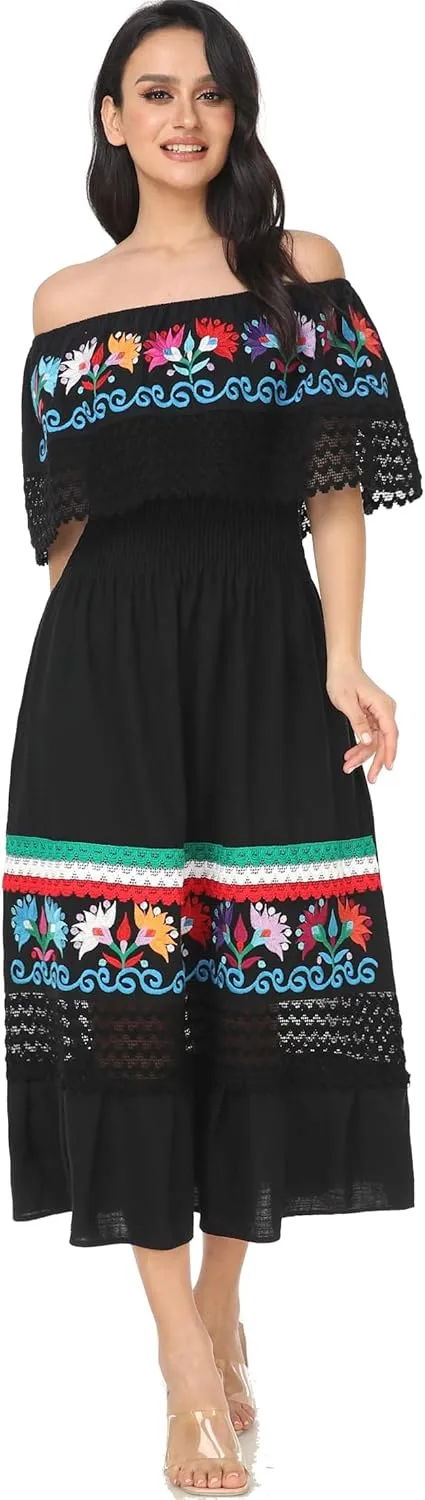 YZXDORWJ Women Embroidered Mexican Present Casual Sexy Lace Off-Shoulder Long Dress