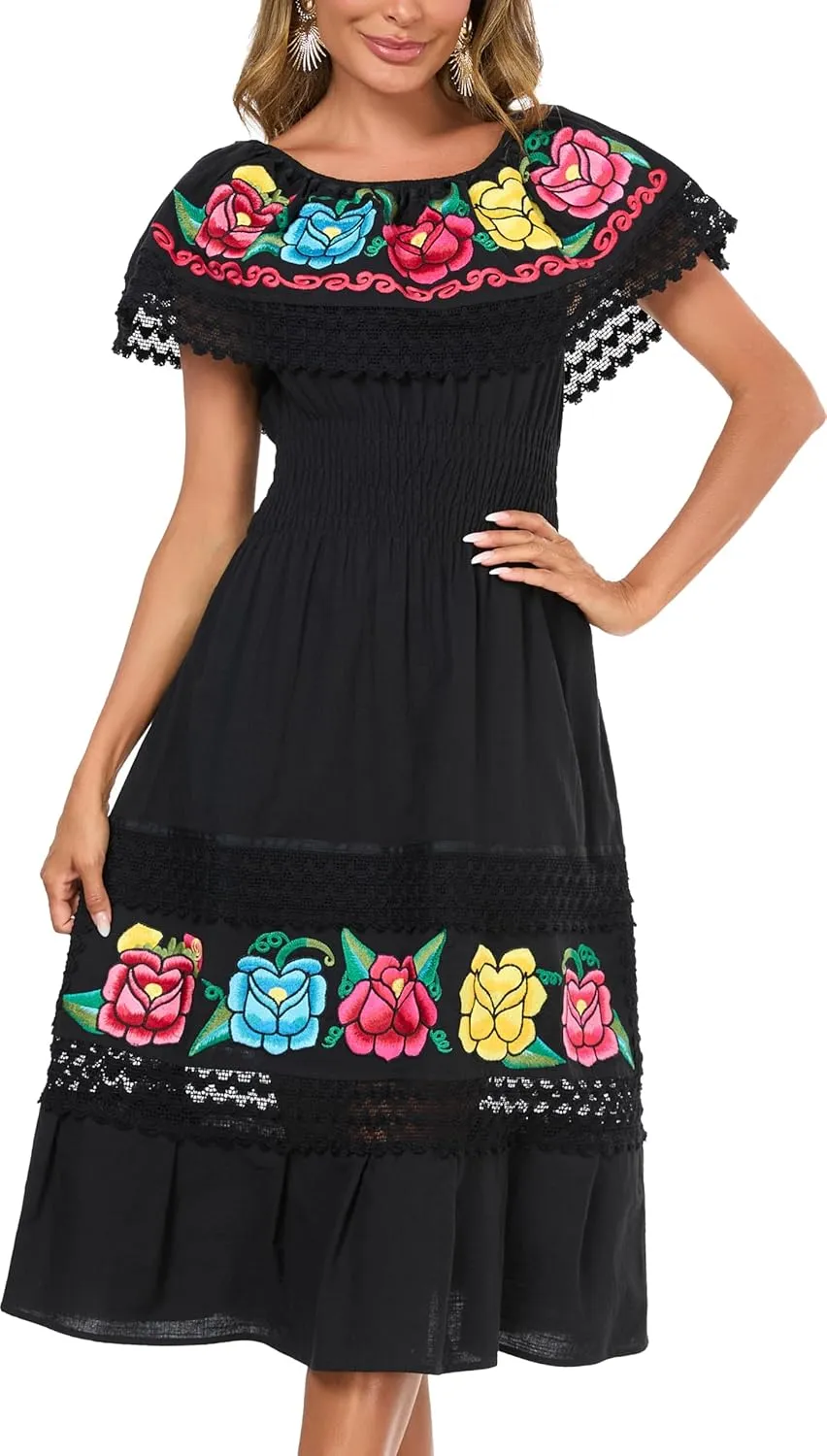 YZXDORWJ Women Embroidered Mexican Present Casual Sexy Lace Off-Shoulder Long Dress