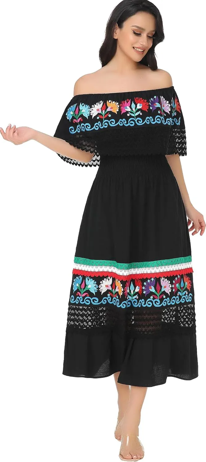 YZXDORWJ Women Embroidered Mexican Present Casual Sexy Lace Off-Shoulder Long Dress