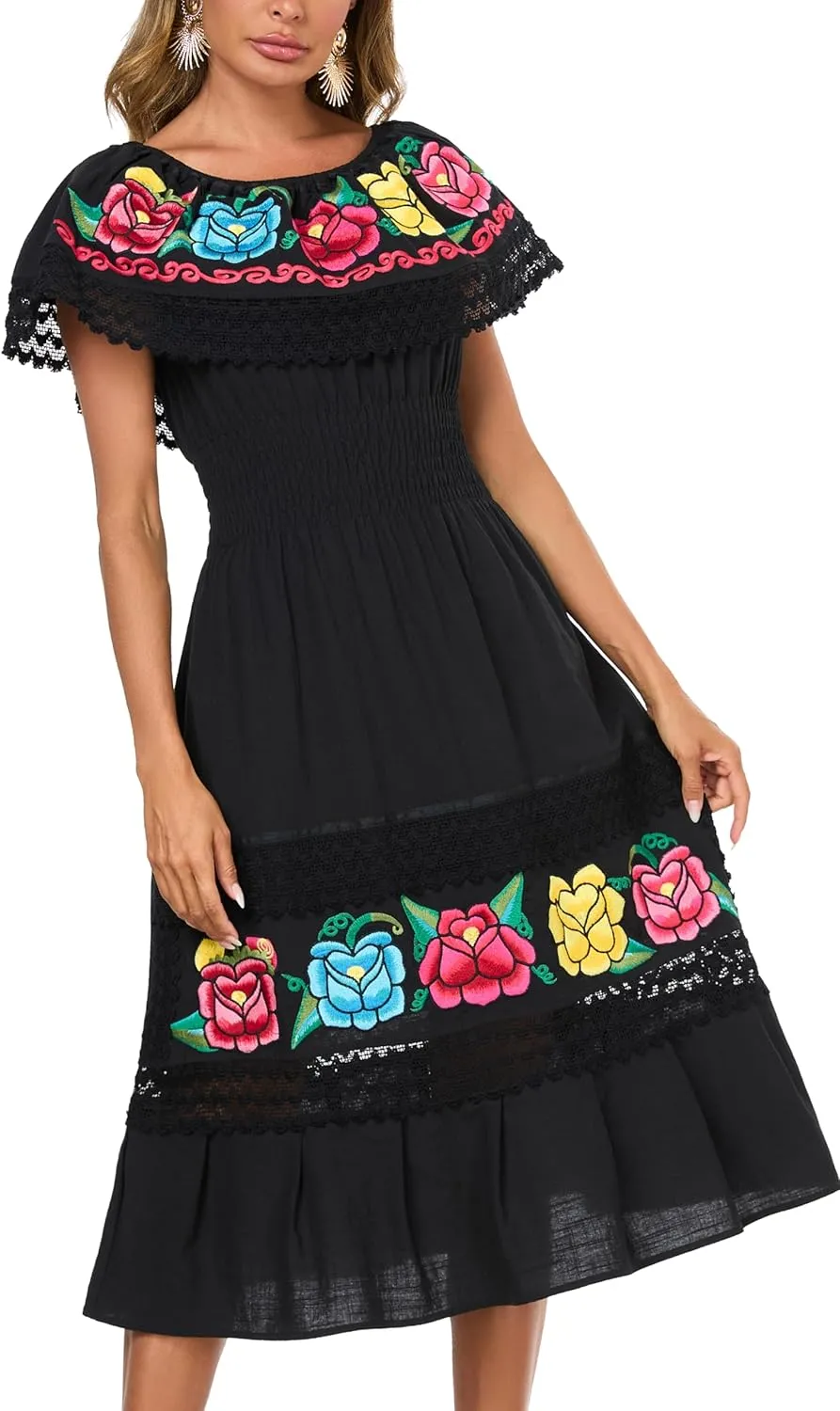 YZXDORWJ Women Embroidered Mexican Present Casual Sexy Lace Off-Shoulder Long Dress