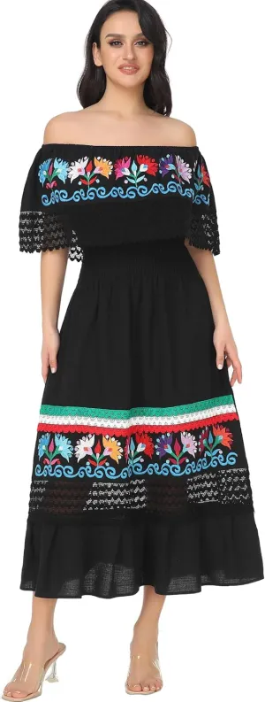 YZXDORWJ Women Embroidered Mexican Present Casual Sexy Lace Off-Shoulder Long Dress