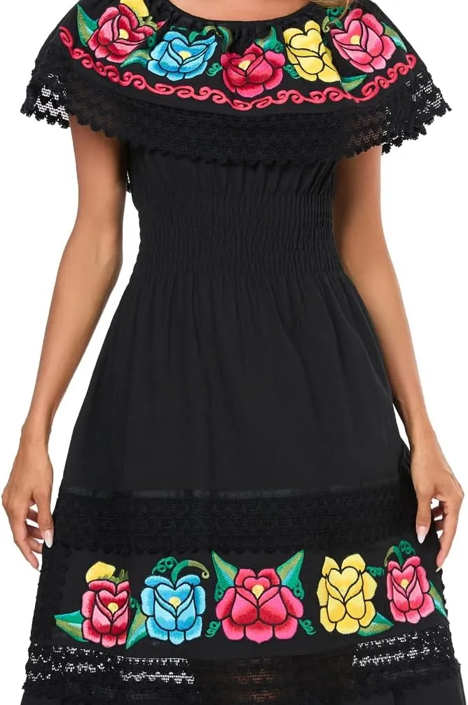YZXDORWJ Women Embroidered Mexican Present Casual Sexy Lace Off-Shoulder Long Dress