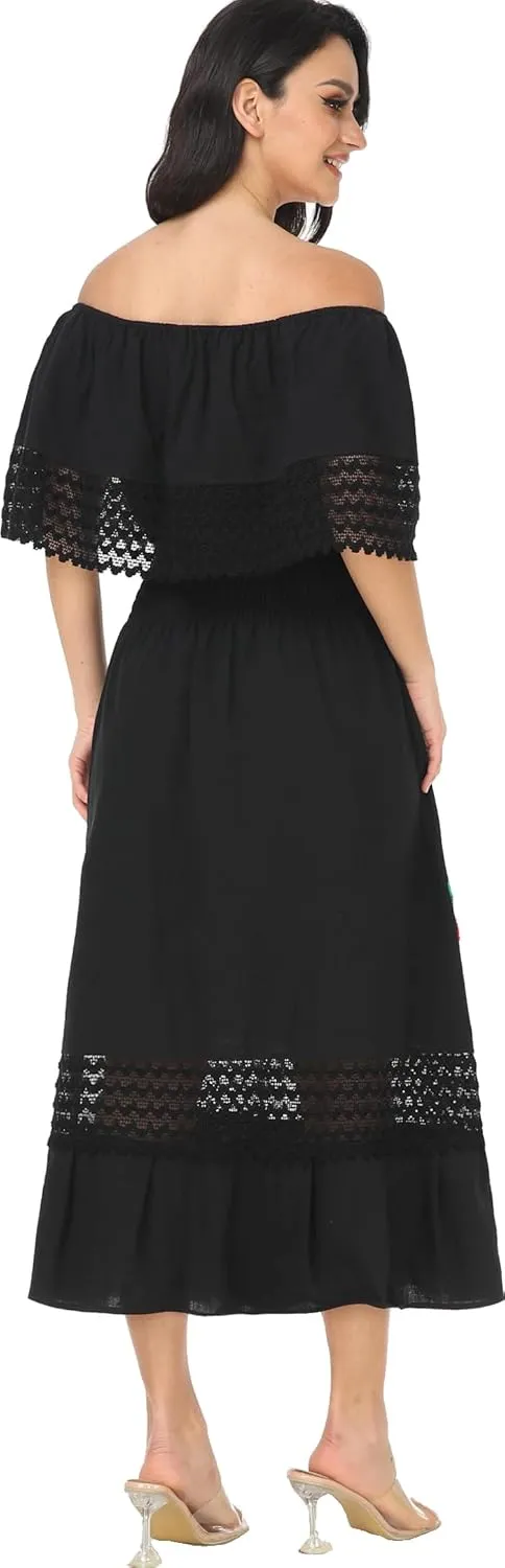 YZXDORWJ Women Embroidered Mexican Present Casual Sexy Lace Off-Shoulder Long Dress