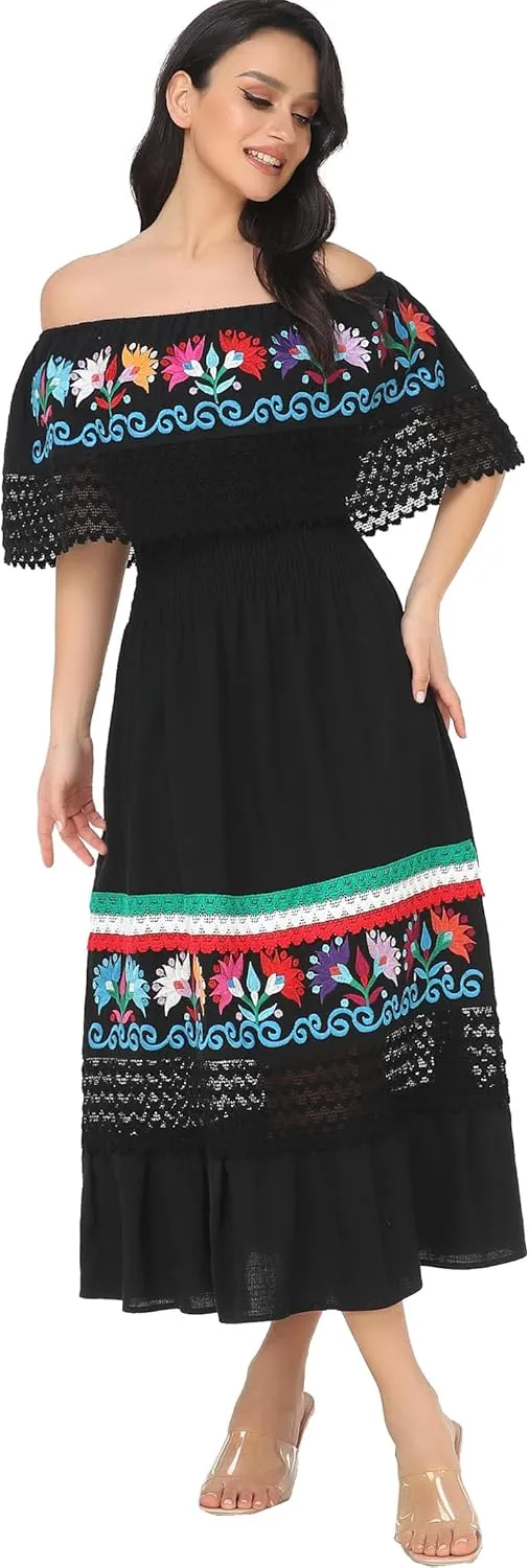 YZXDORWJ Women Embroidered Mexican Present Casual Sexy Lace Off-Shoulder Long Dress
