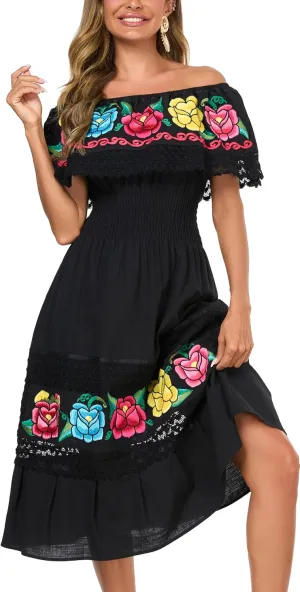 YZXDORWJ Women Embroidered Mexican Present Casual Sexy Lace Off-Shoulder Long Dress