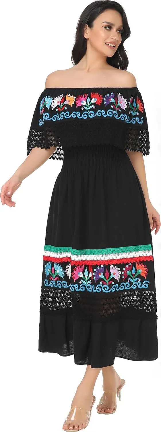YZXDORWJ Women Embroidered Mexican Present Casual Sexy Lace Off-Shoulder Long Dress