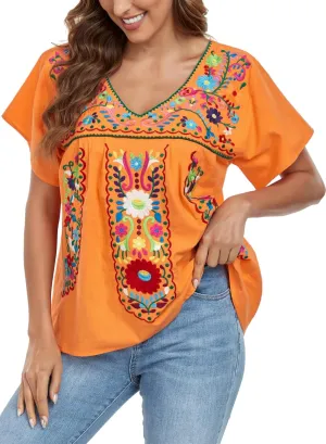 YZXDORWJ Women's Mexican V Neck Top Peasant Embroidered Blouse Traditional Summer Short Sleeve Shirt