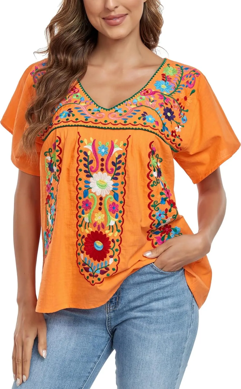 YZXDORWJ Women's Mexican V Neck Top Peasant Embroidered Blouse Traditional Summer Short Sleeve Shirt