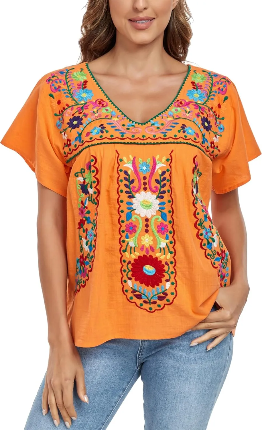 YZXDORWJ Women's Mexican V Neck Top Peasant Embroidered Blouse Traditional Summer Short Sleeve Shirt