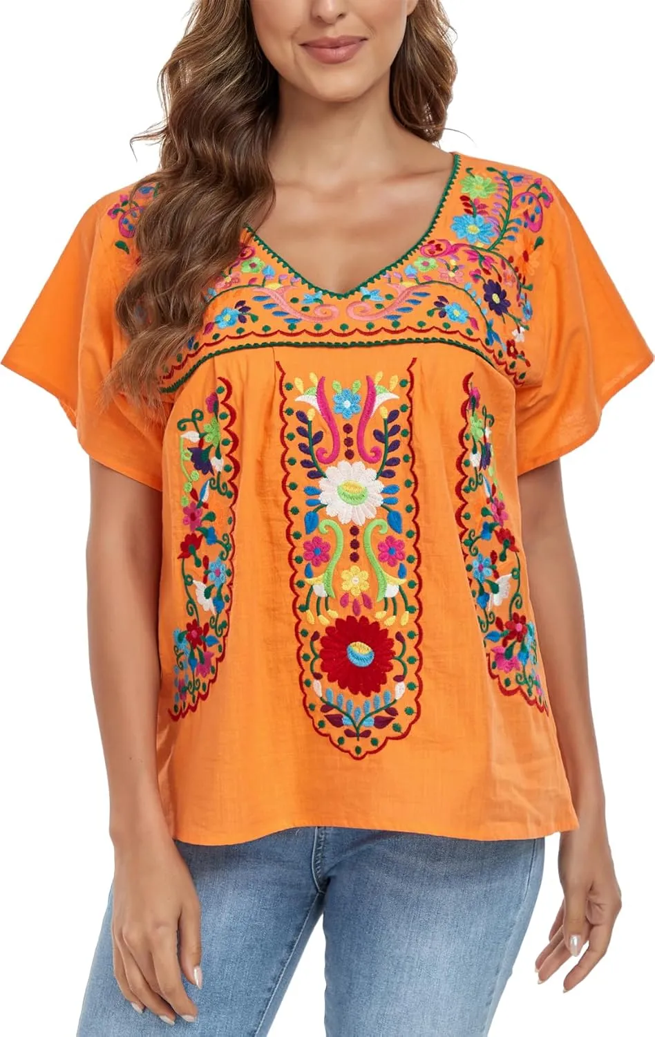 YZXDORWJ Women's Mexican V Neck Top Peasant Embroidered Blouse Traditional Summer Short Sleeve Shirt