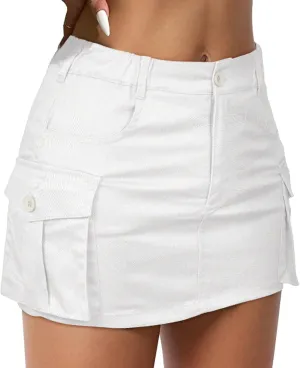 Zando Low Waist Cargo Skirts for Women Y2K Bodycon Mini Skirt Y2K Button Jean Denim Mini Skirt with Pockets